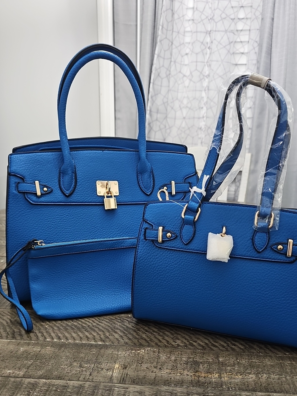 Blue Structured Tote Bag with Matching Satchel